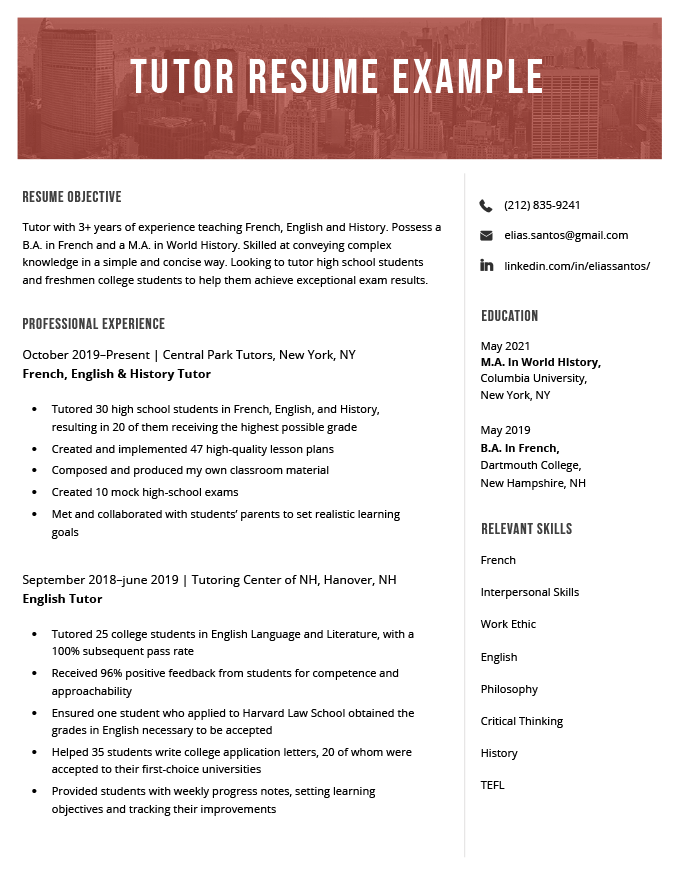 A tutor education resume example