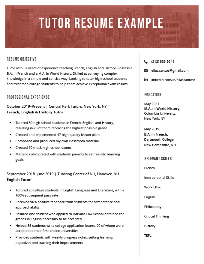 resume sample for tutoring job