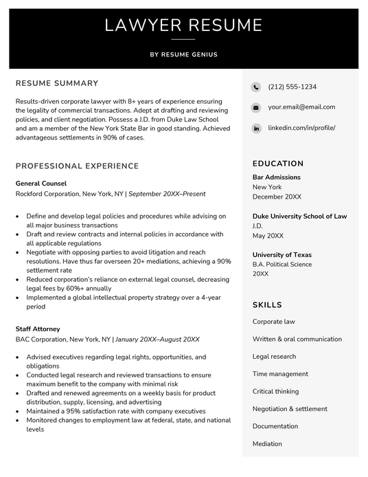 Example of a lawyer resume