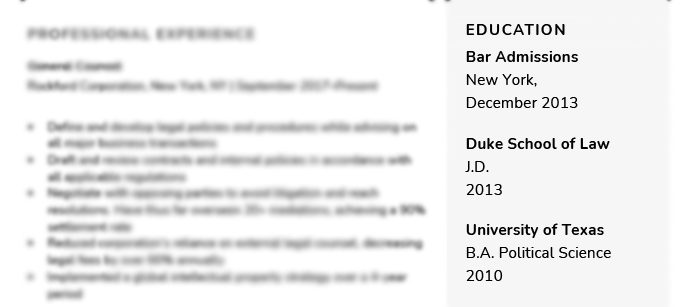 Admissions and education details on a lawyer resume