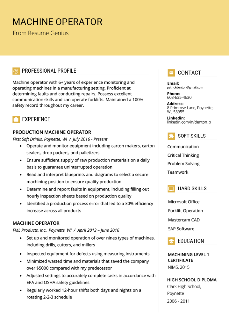 Machine Operator Resume Sample & Writing Tips Resume Genius