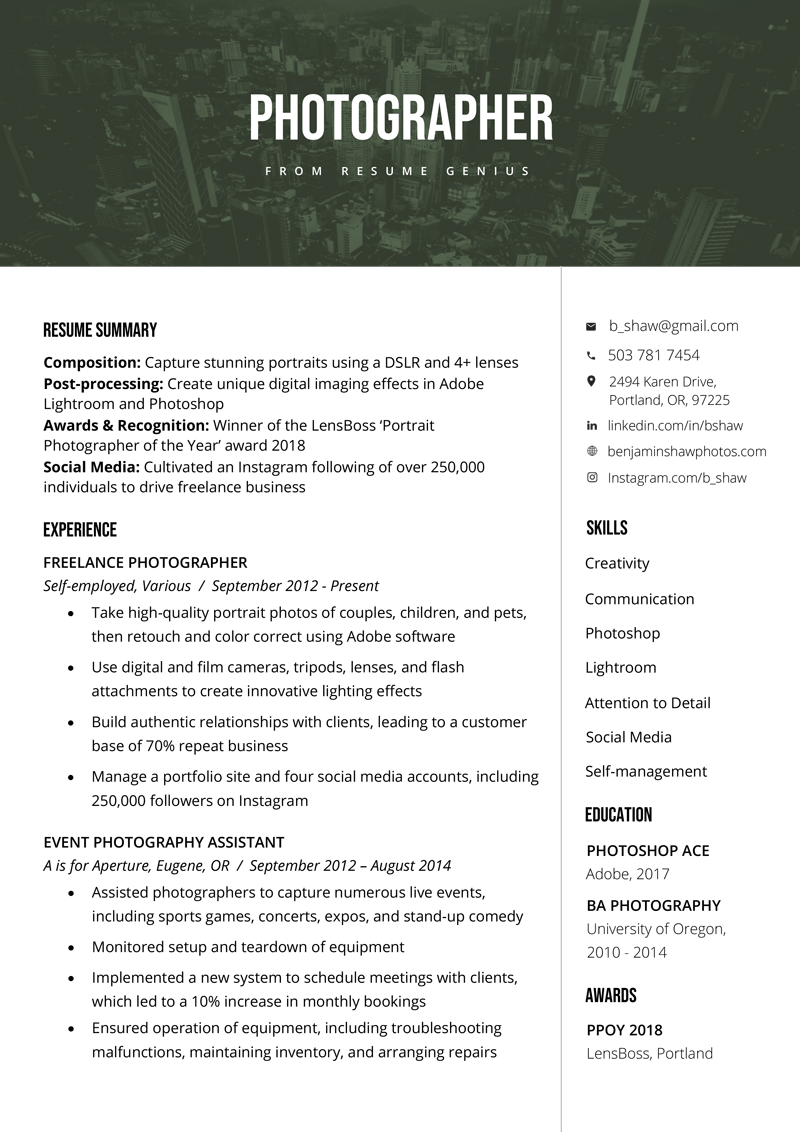 Photographer Resume Sample & Writing Tips Resume Genius