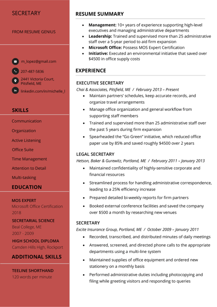 resume summary examples for administrative secretary