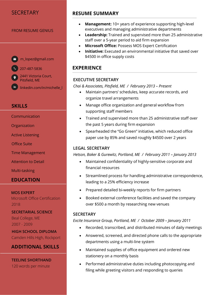 Secretary Resume Sample & Writing Tips Free Download RG