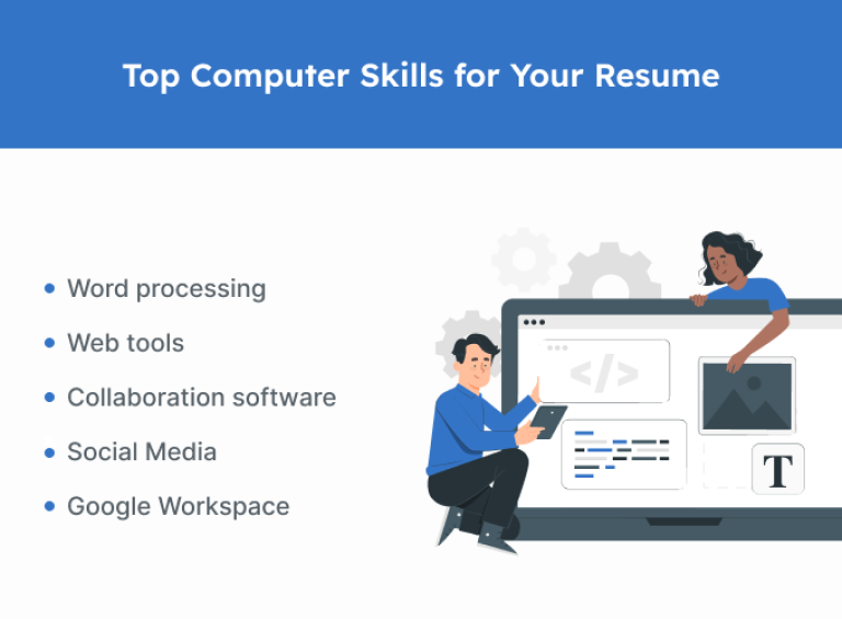 An infographic with a blue header showing important skills to list on a resume and a man and a woman standing next to a computer