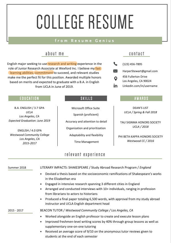 examples of skills for resume for students