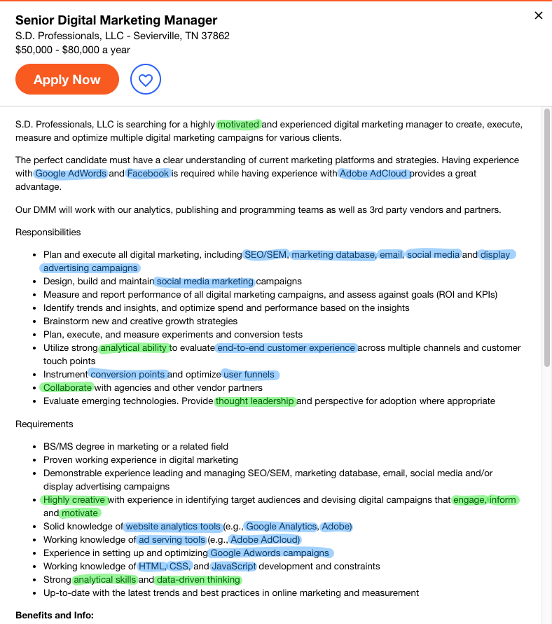 senior digital marketing manager job advertisement with soft skills highlighted in green, hard skills highlighted in blue to illustrate job skills that appear in online listings