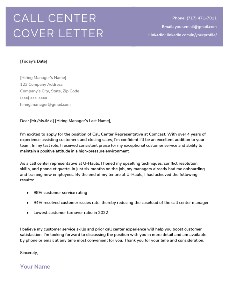 how to write a cover letter for call center