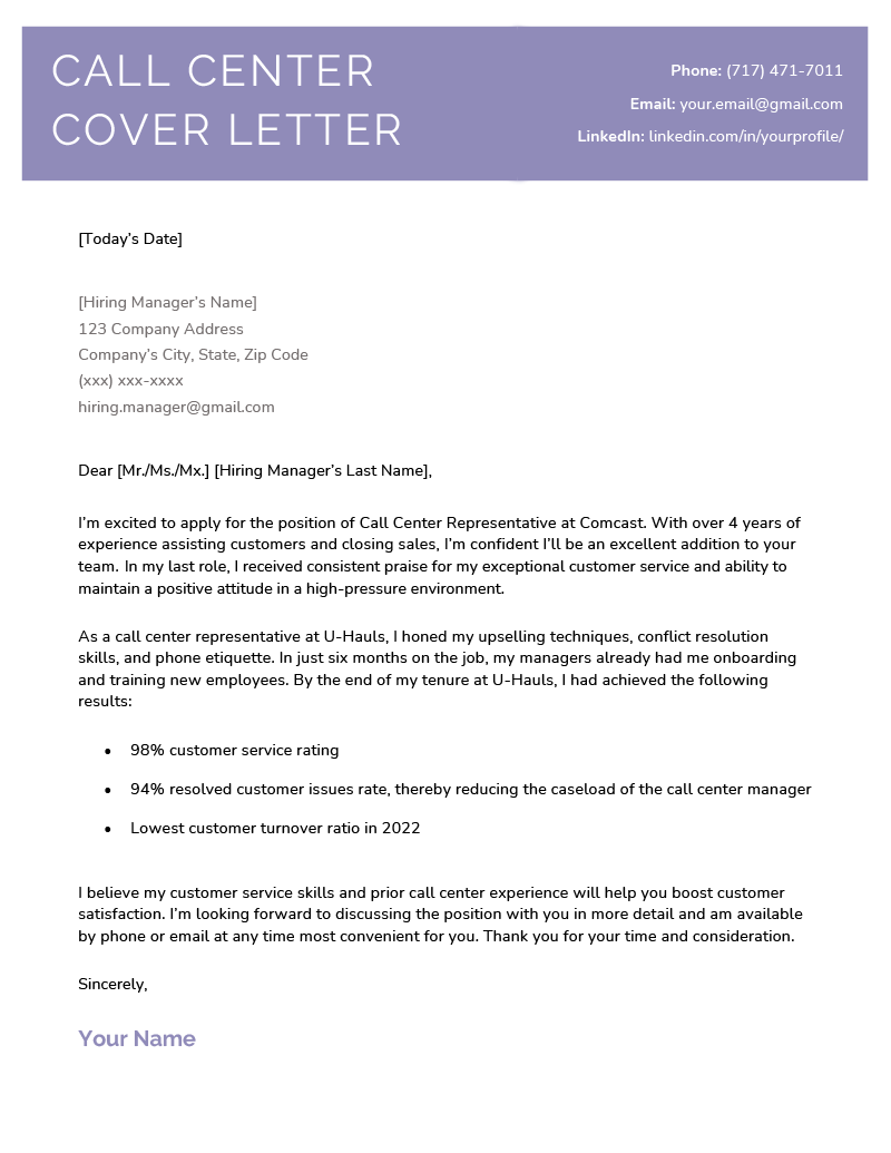 Call Center Cover Letter [Free Example & Writing Tips]