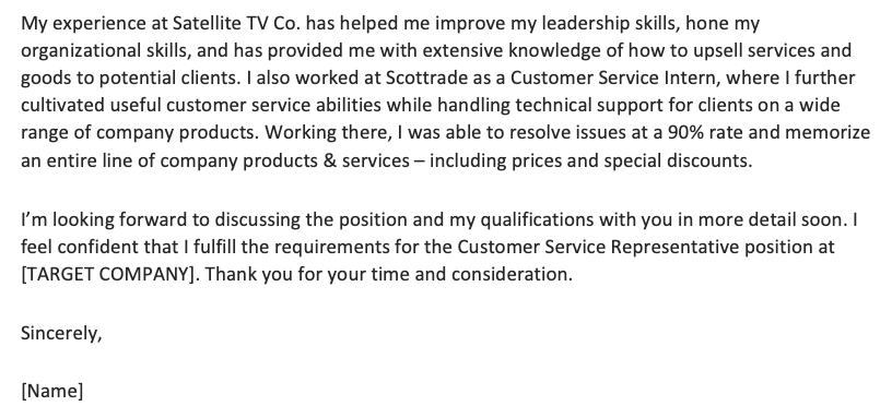 Closing half of a customer service cover letter