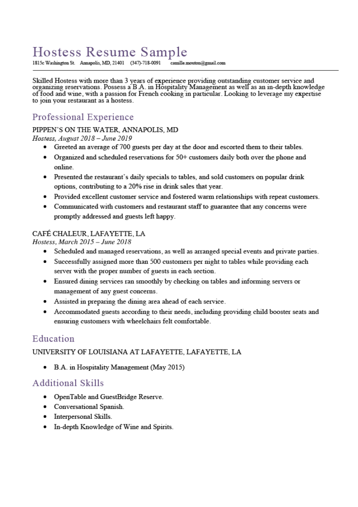 resume description sample
