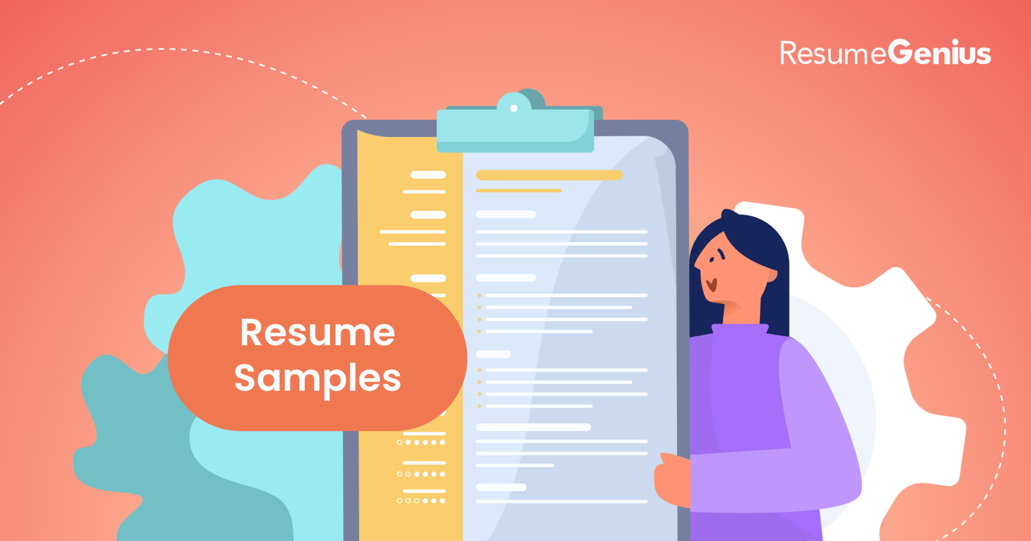 Resume examples hub featured image, happy woman pointing at a great resume sample