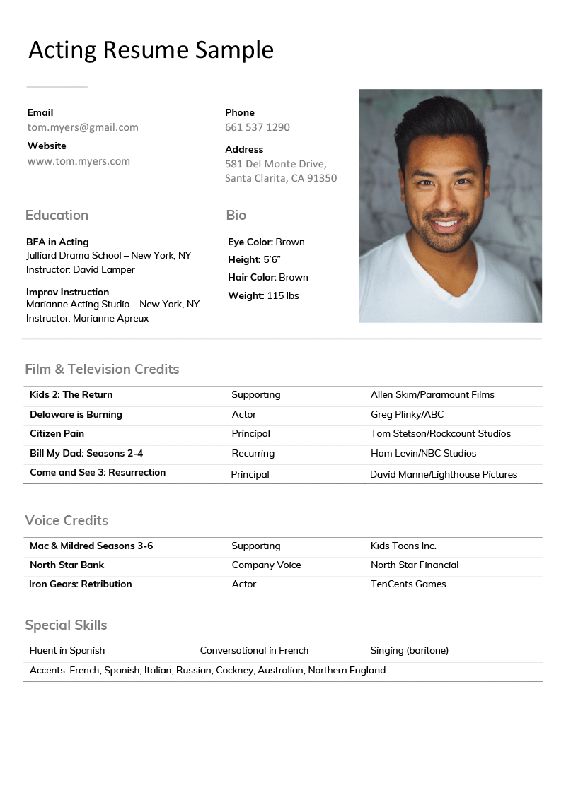 Acting Resume Sample [Writing Tips & Actor Resume Templates] With Theatrical Resume Template Word