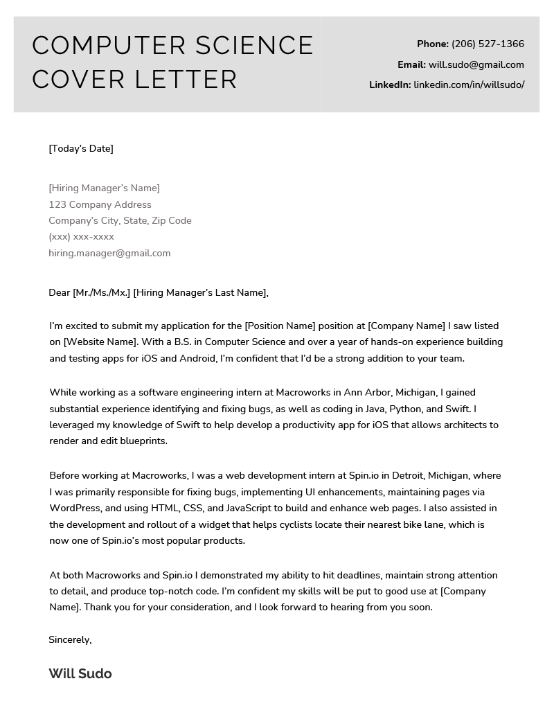 computer engineering cover letter internship
