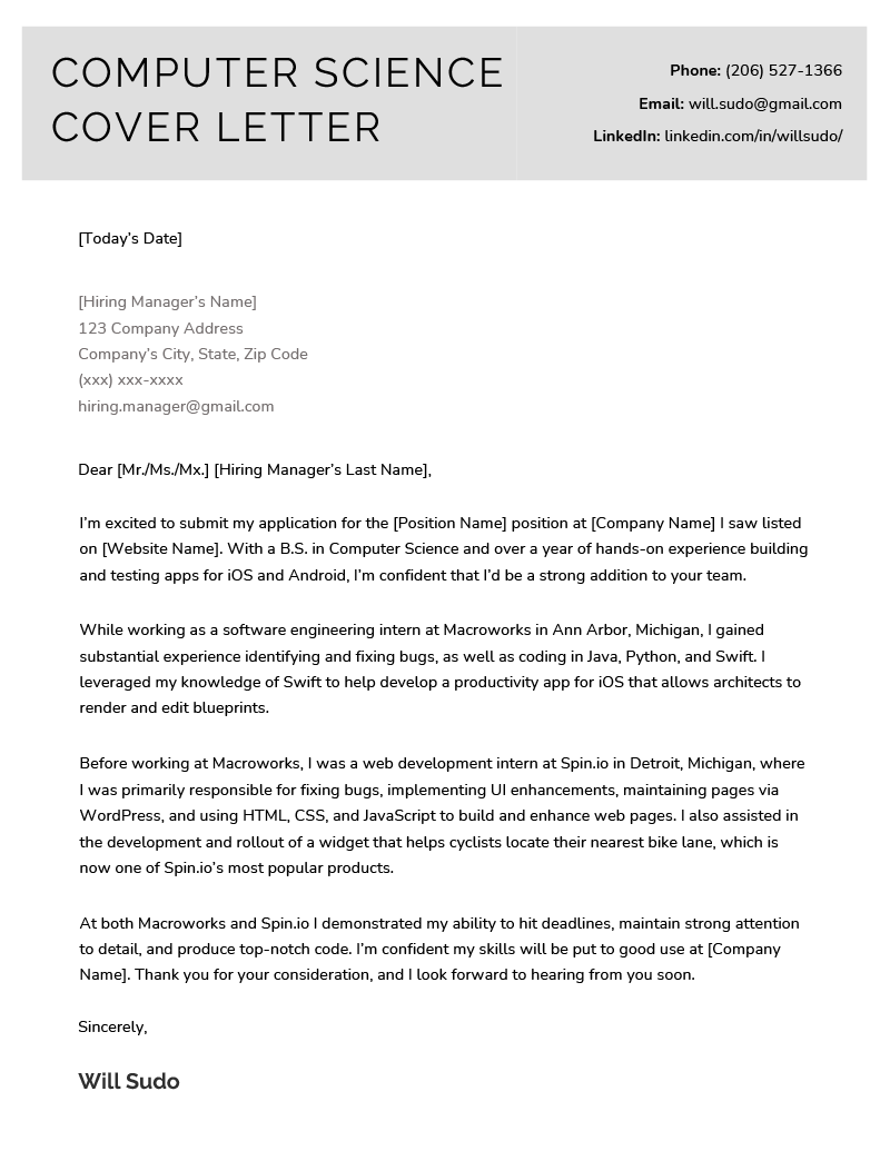 cover letter of computer science student