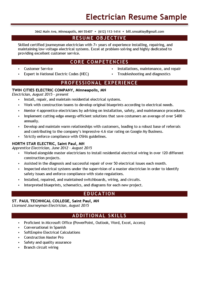 example resume electrician