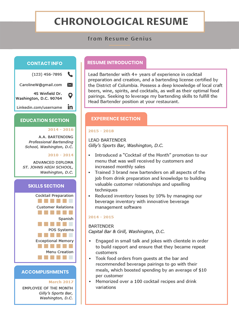 chronological resume format example, labeled sections