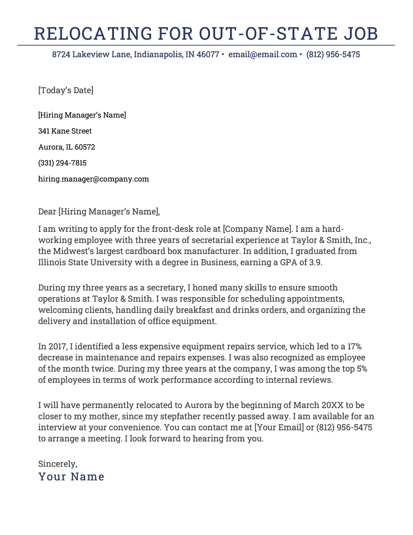 An example of a relocation for out of state job cover letter