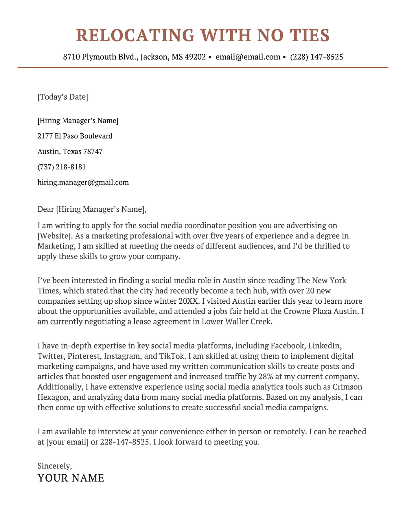A relocation cover letter with an orange header written by an applicant with no ties to the city.