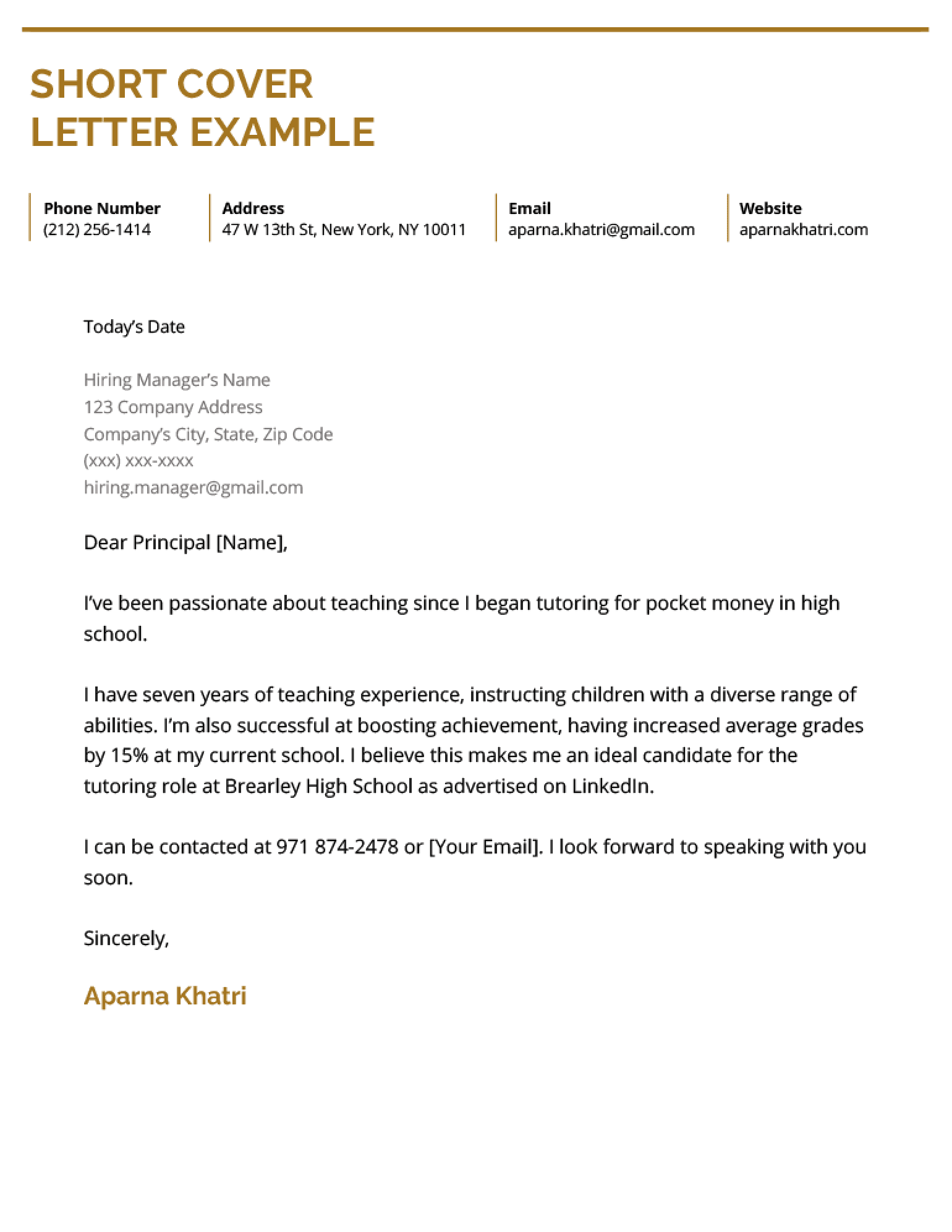 Short cover letter sample with a yellow header background