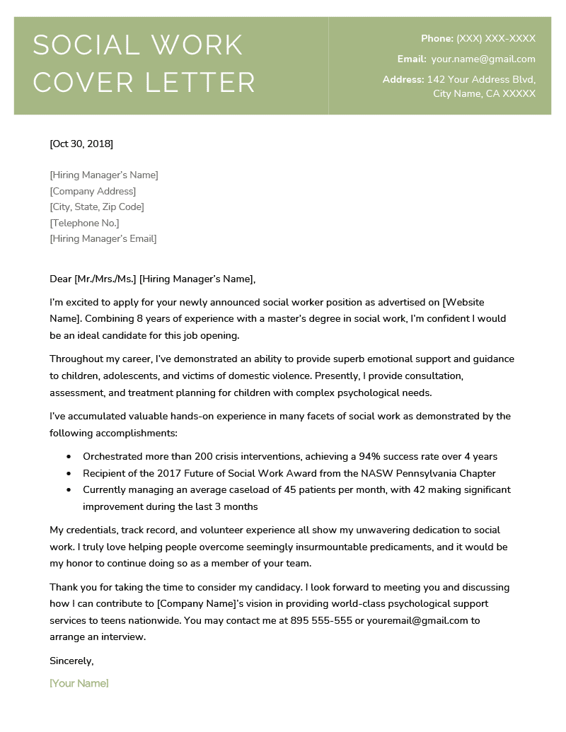 Social work cover letter — example and template for a social worker