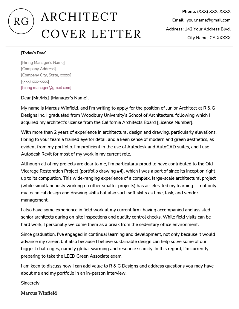 An architecture cover letter example with a professionally designed header to help the applicant stand out to hiring managers