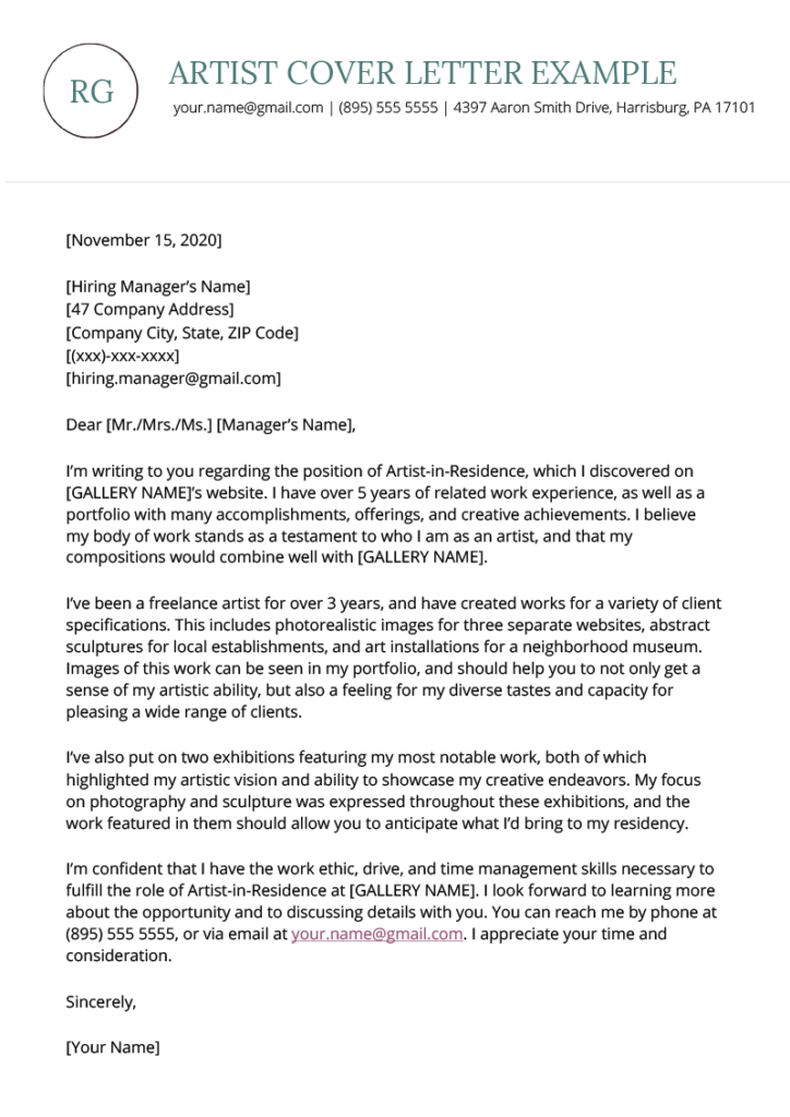 art cover letter examples