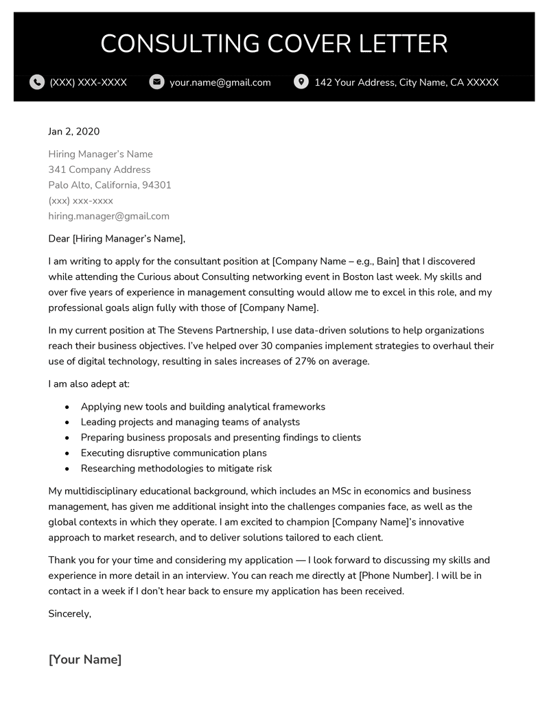 A consulting cover letter example with a black header and white text to make the applicant's name stand out