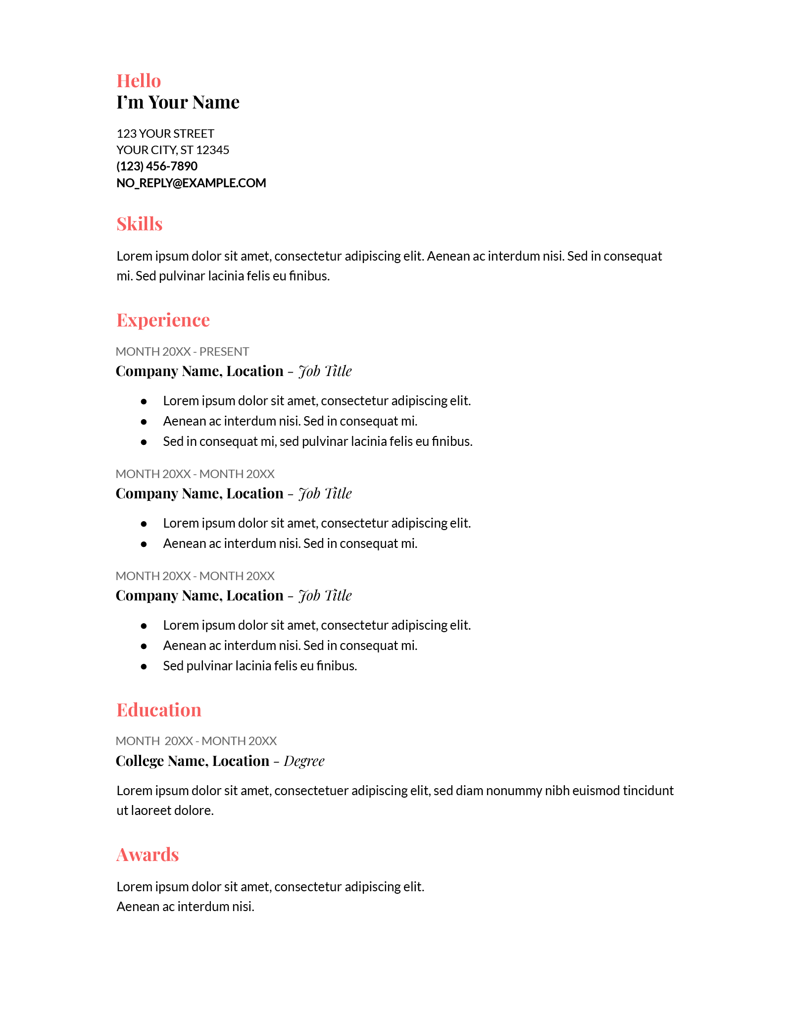 Coral Google Docs resume sample