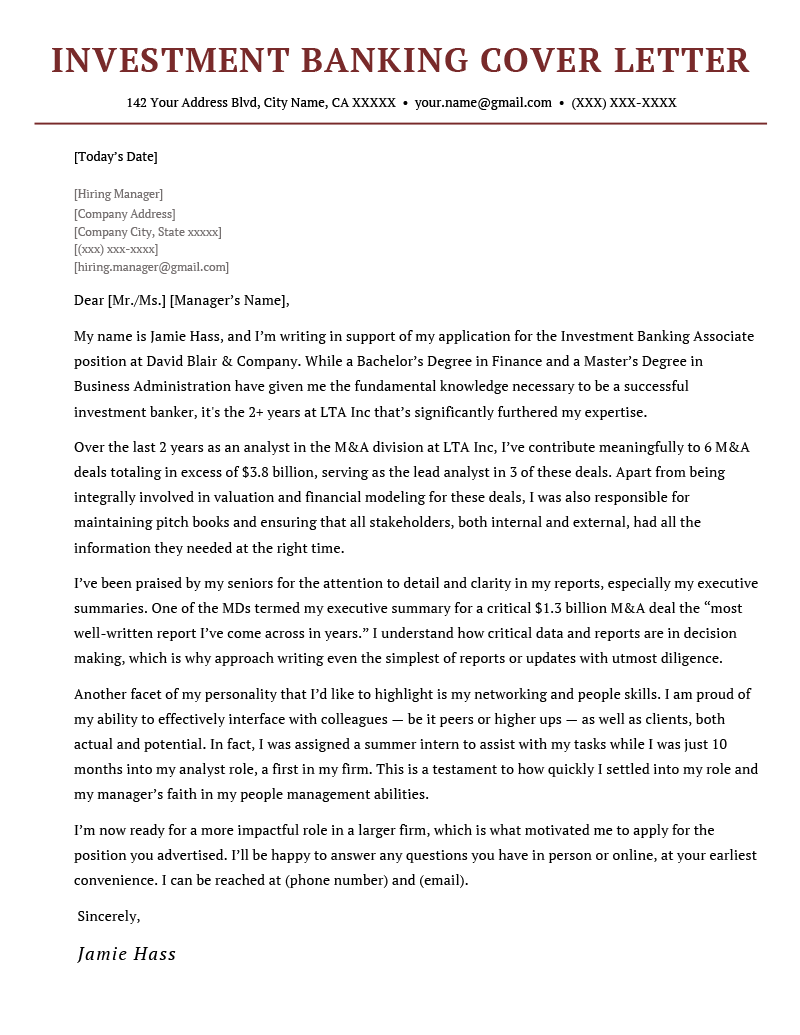 Investment Banking Cover Letter Example & Writing Tips