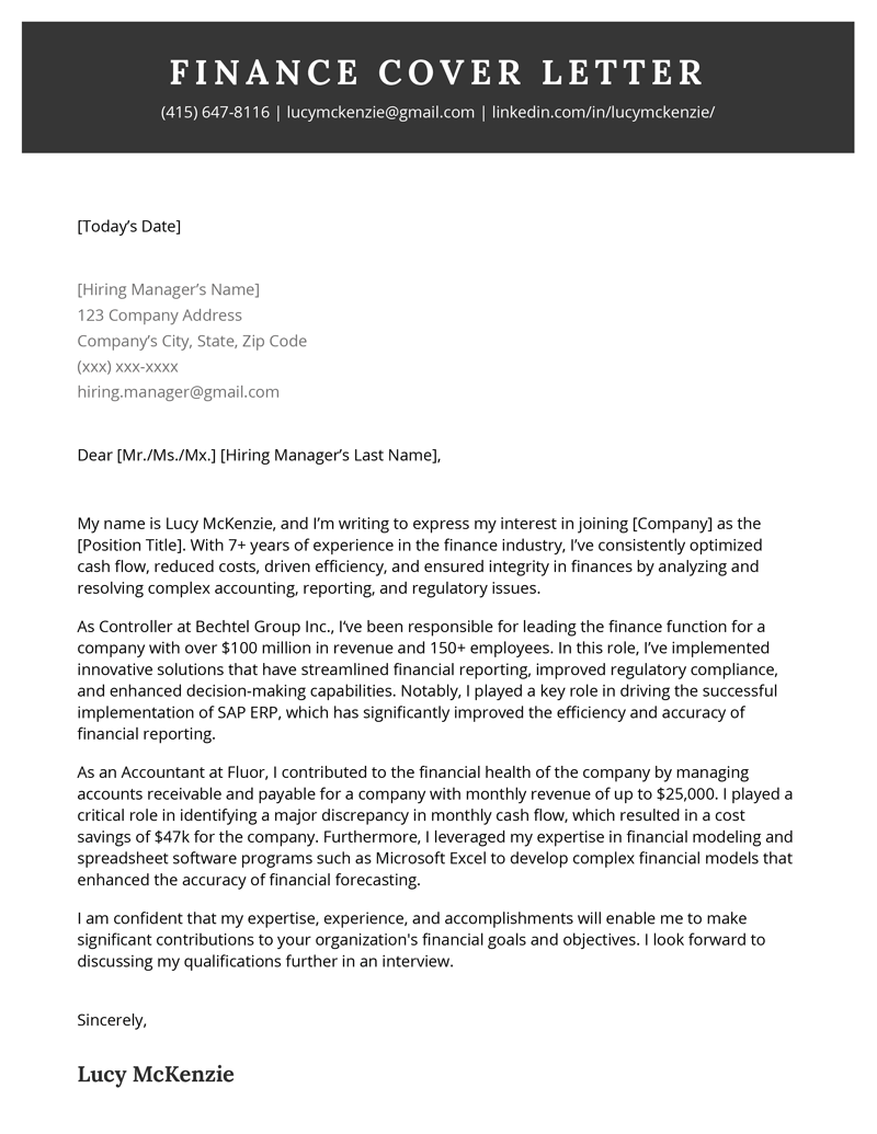 Finance Cover Letter Example Writing