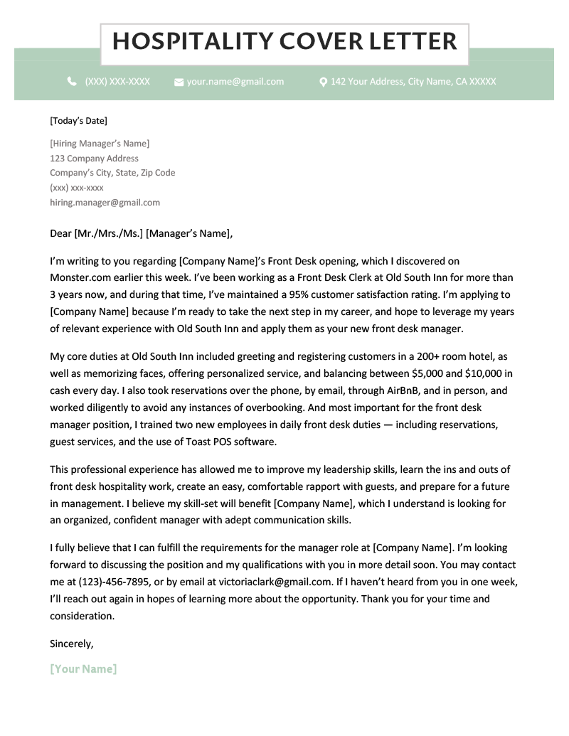 A hospitality cover letter example with a professionally designed header to make the applicant's name stand out