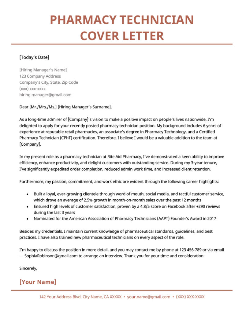 Pharmacy Technician Cover Letter Example & Template