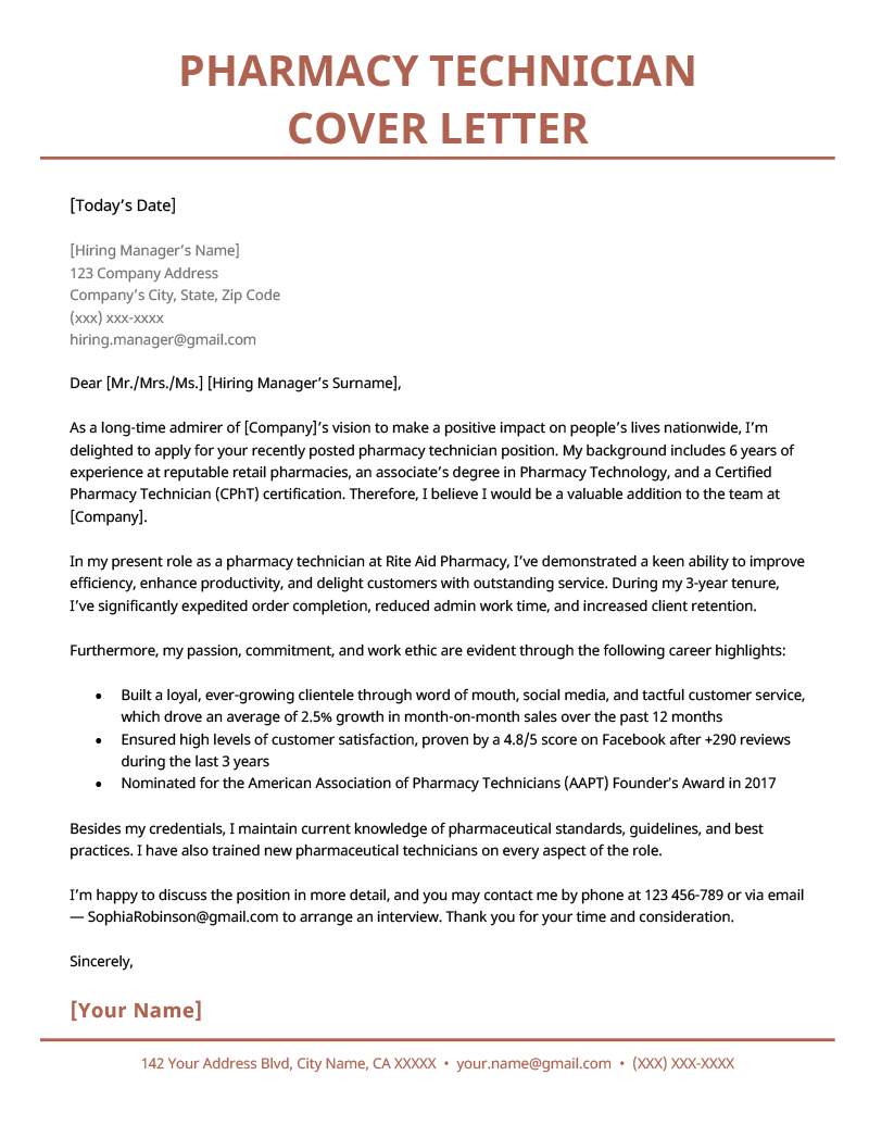 Pharmacy Technician Cover Letter Example for Download