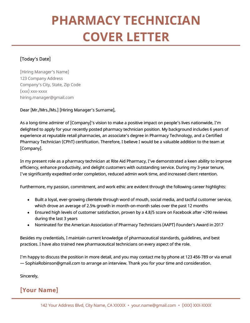 cover letter example for pharmacy technician