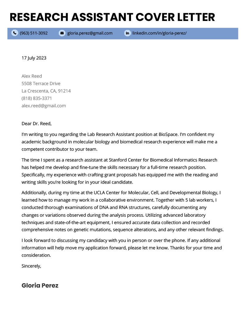 Research assistant cover letter example