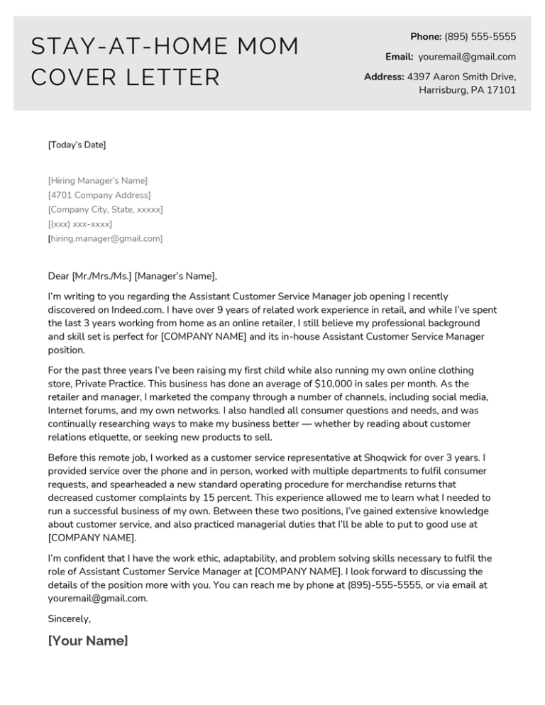 Stay at Home Mom Cover Letter Example