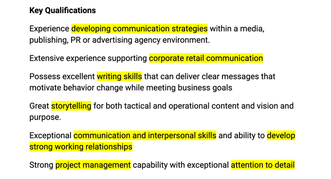 A job description for a position at Apple with resume keywords highlighted in yellow