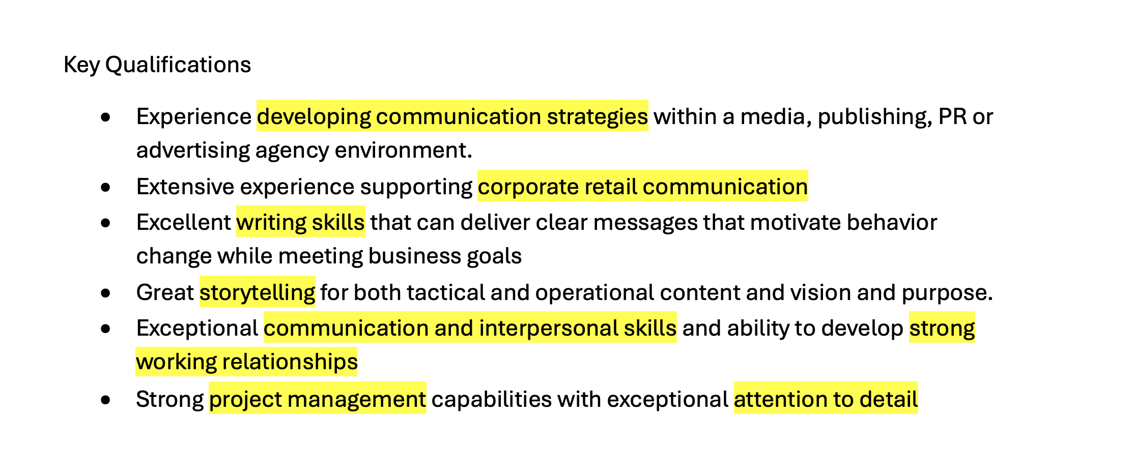 A job description for a position at Apple with resume keywords highlighted in yellow