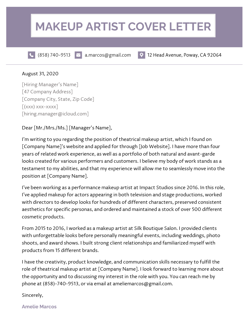 A makeup artist cover letter example with a violet header