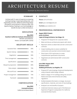 An architecture resume example with a black header to help the applicant stand out to hiring managers