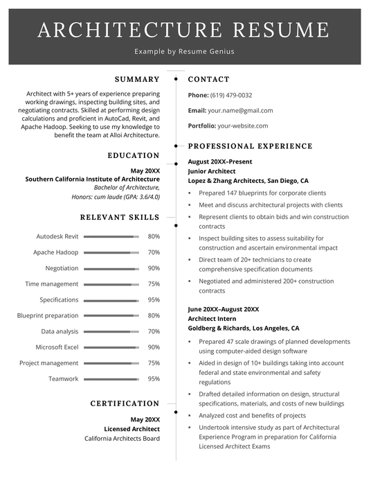 An architecture resume example with a black header to help the applicant stand out to hiring managers