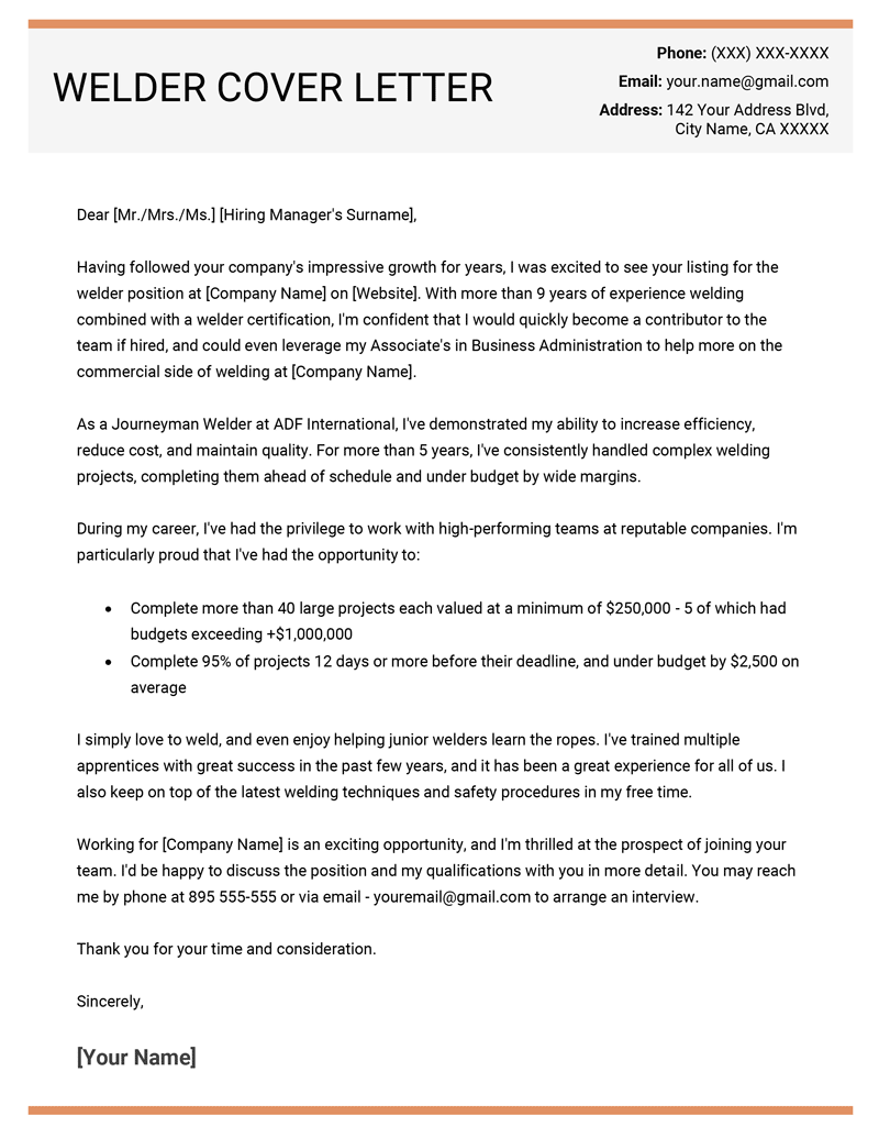 A Welder cover letter example on a template with an orange header