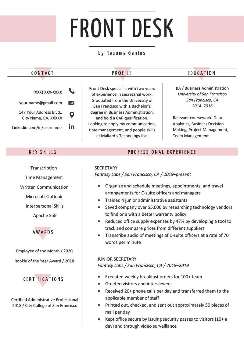 resume template for front desk position