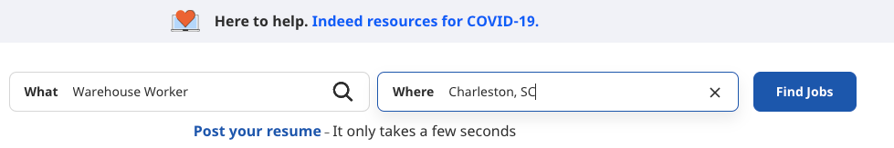 Indeed.com's search page is shown. The user can enter a job and a location and hit "Find Jobs."