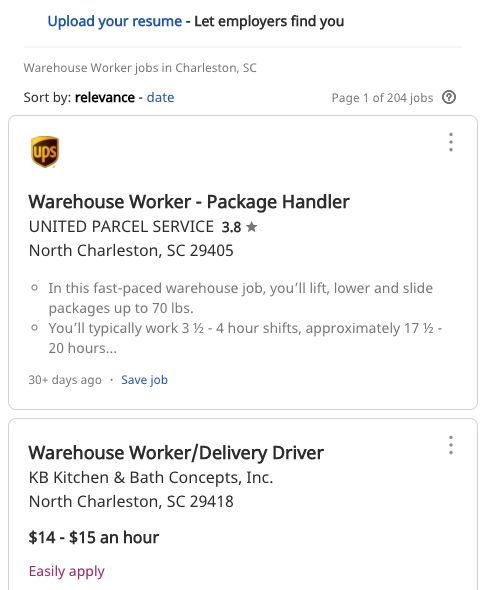 Indeed.com's job search results page, showing the first two jobs related to "warehouse worker" in Charleston, South Carolina.