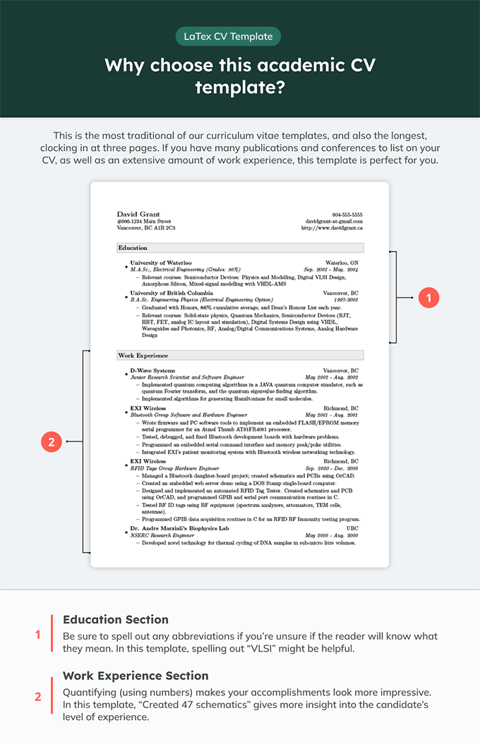 Infographic of a CV LaTeX template with at least three pages of space for your prior accomplishments.