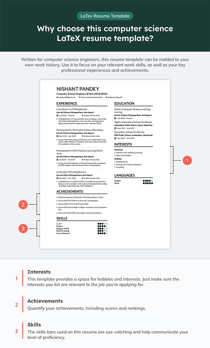 Infographic of a LaTeX resume template for computer science roles.