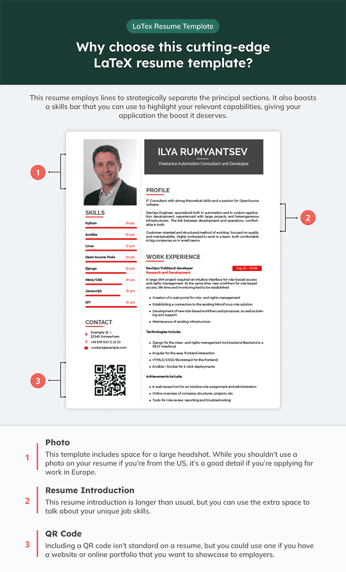 Infographic of a LaTeX resume template featuring a QR code you can link to your online portfolio or website with.