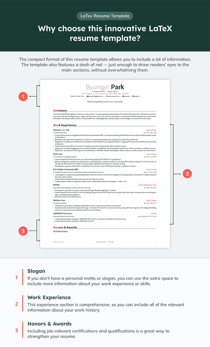 Infographic of a ShareLaTeX resume template featuring eye-catching colors and space for a slogan.